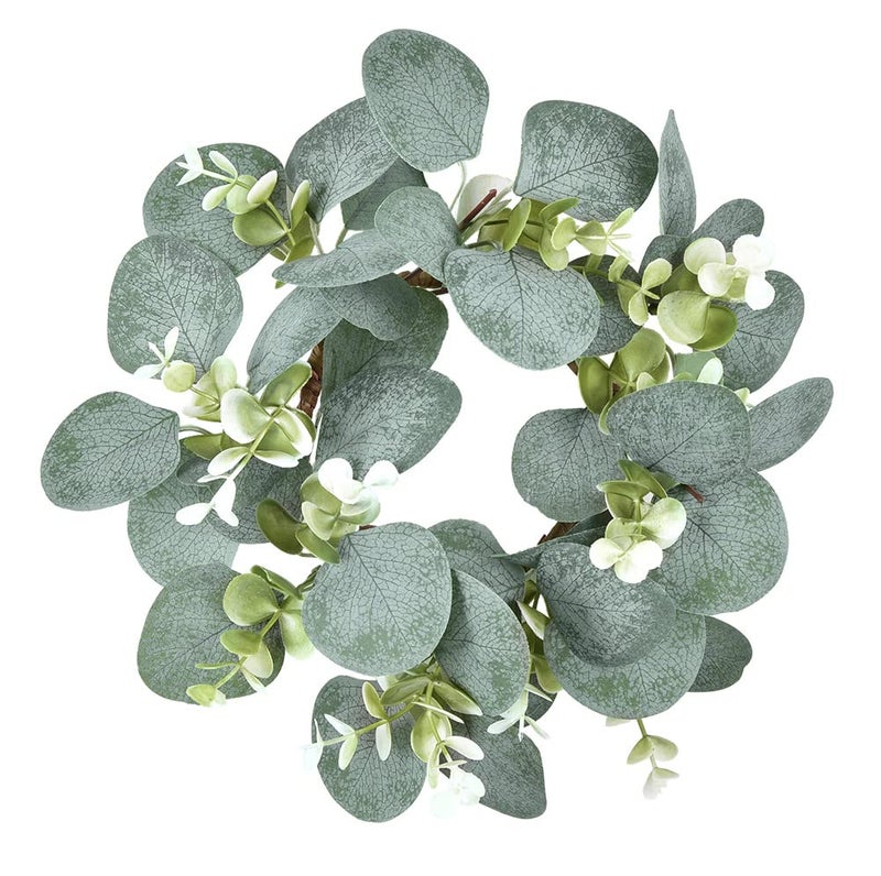 GRBAMBI Artificial Eucalyptus Leaves Wreaths - Eucalyptus Leaves Greenery Garland Farmhouse Wreath 9Inch for Kitchen Cabinet Dining Chairs Tabletop Decor (1) - Image 1